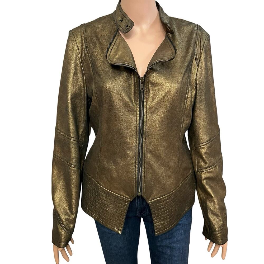 Reba Leather Moto Jacket Medium Gold Metallic Foil Zip Up Collared Western
